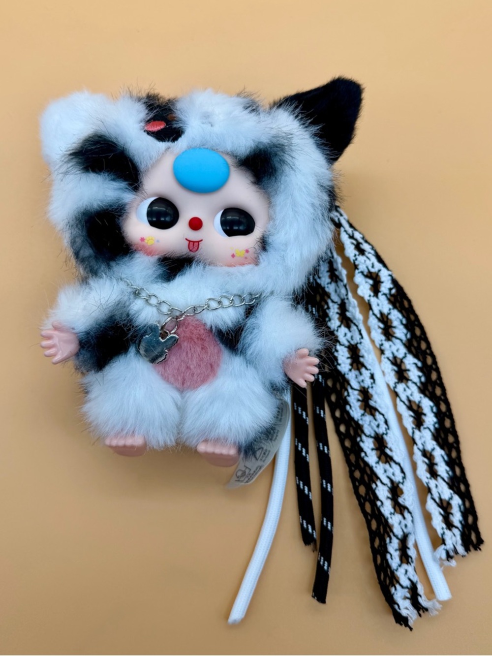Kawaii Black & White Furry Doll Keychain with cord Accent - Picture 2 of 6